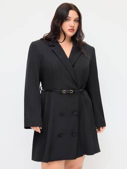 Cider - Notched Collar Women's Double Breasted Belted Mini Blazer Dress Black