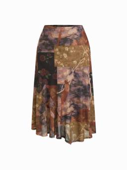 Cider - Mesh Women's Mid-Rise Abstract Floral Asymmetrical Maxi Skirt Brown
