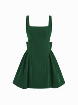 Cider - Velvet Women Square Neck Bow Tie Back Ruffle Mini Dress Green
