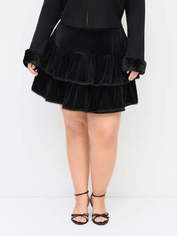 Cider - Velvet Lace Ruffle Layered Women Mid Rise Mini Skirt Black