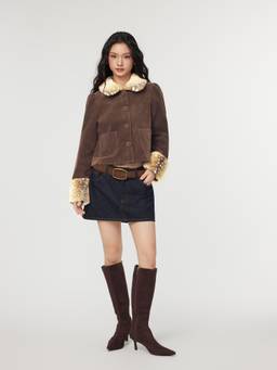 Cider - Suede Women's Faux Fur Collar Button Jacket Brown