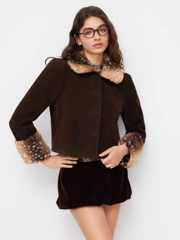 Cider - Suede Women Faux Fur Collar Button Jacket Coffee