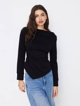 Cider - Asymmetrical Hem Women Ruched Boat Neck Top Black