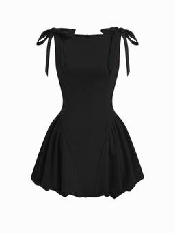 Cider - Velvet Women's Boat Neck Bow Tie Bubble Hem Mini Dress Black