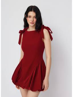 Cider - Velvet Women's Bow Shoulder Boat Neck Bubble Hem Mini Dress Wine