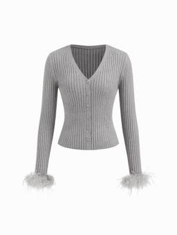 Cider - Knit Women's Ribbed V-Neck Feather Cuff Top Grey