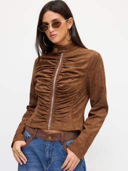 Cider - Suede Women's Ruched Zip-Through Mandarin Neck Jacket Brown