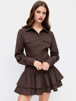 Cider - Striped Women's Collar Neck Lace-Up Shirt Mini Dress Brown