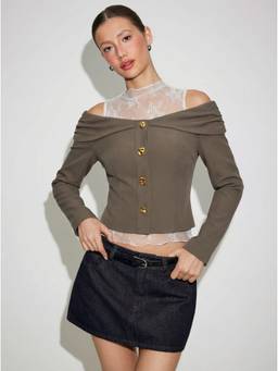 Cider - Metal Button Women Off-Shoulder Ruched Jacket Dark Grey
