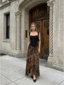 Cider - Chiffon Women's High Rise Leopard Print Layered Maxi Skirt Brown