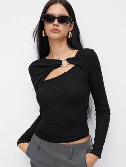 Cider - Metal Detail Women Asymmetrical Neck Full Sleeve Top Black