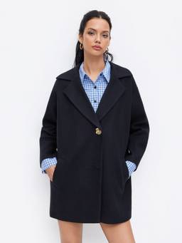 Cider - Wool-Look Women's Oversized Notched Lapel Coat Navy Blue