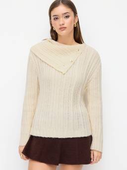Cider - Knit Women's Asymmetrical Neck Full Sleeve Top Cream