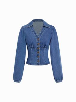Cider - Denim Women's V-Neck Cinched Waist Tie-Back Blouse Blue
