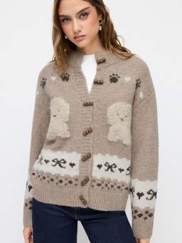 Cider - Dog Graphic Women's Oversized Toggle Button Cardigan Brown