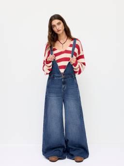 Cider - Denim Women's Deep V-Neck Buckle Wide-Leg Dungaree Indigo