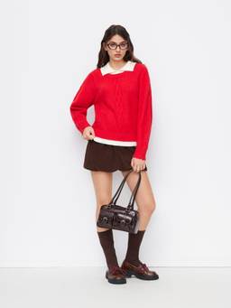 Cider - Two-Tone Women's Cable Knit Collar Pullover Sweater Red