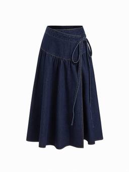 Cider - Denim Mid Rise Wrap Tie Side Maxi Skirt Navy Blue