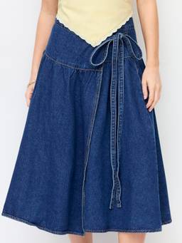 Cider - Denim Women's Mid-Rise Wrap Tie-Up Maxi Skirt Dark denim
