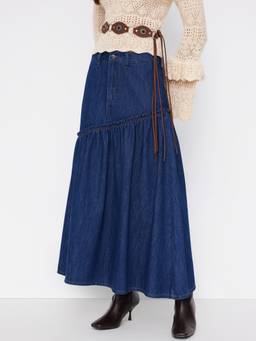 Cider - Denim Mid Rise Asymmetrical A-Line Maxi Skirt Navy Blue