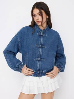 Cider - Women's Mandarin Neck Elastic Waist Oversized Denim Jacket Navy Blue
