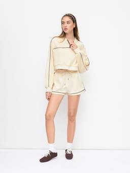 Cider - Cotton Blend Women's Oversized Half-Zip Stand Collar Sweatshirt Beige