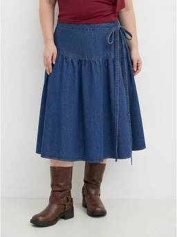 Cider - Women's Mid-Rise Wrap Tie-Up Denim Midi Skirt Navy Blue