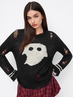 Cider - Knit Ghost Women's Distressed Oversized Sweater Top Black
