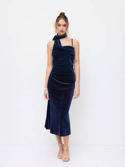 Cider - Velvet Women's Ruched Halter Neck Maxi Dress Navy Blue