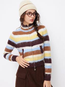 Cider - Mohair-Blend Women Stand Collar Zip-Through Cardigan Brown