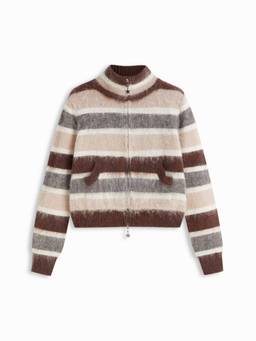 Cider - Mohair-Blend Women's Striped Stand Collar Zip Cardigan Tan