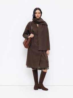 Cider - Wool-Look Women Double-Breasted Belted Longline Coat Brown