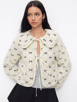 Cider - Peter Pan Collar Women's Bow Embroidered Tie-Up Jacket White