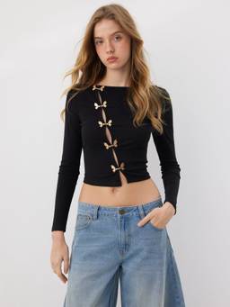 Cider - Cotton Blend Women Asymmetrical Button Boat Neck Crop Top Black