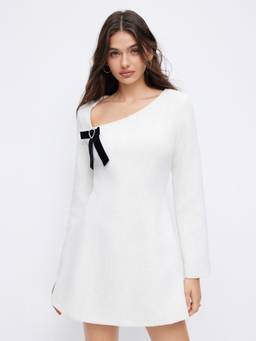 Cider - Tweed Women's Asymmetrical Neck Bow Detail Mini Dress White