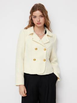 Cider - Tweed Women's Double Breasted Metal Button Jacket Beige
