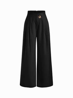 Cider - Metal Button Women's High-Waist Pleated Wide-Leg Trousers Black