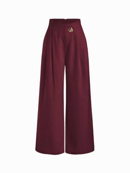 Cider - Metal Button Women High-Waist Pleated Wide-Leg Trousers Burgundy