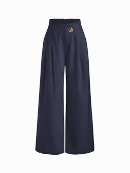 Cider - Metal Button Women's High-Rise Pleated Wide-Leg Trousers Navy Blue