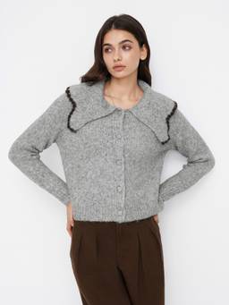 Cider - Contrast Binding Women Oversized Collar Knit Cardigan Grey