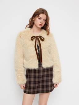 Cider - Faux Fur Women Bow Tie Round Neck Jacket Peach