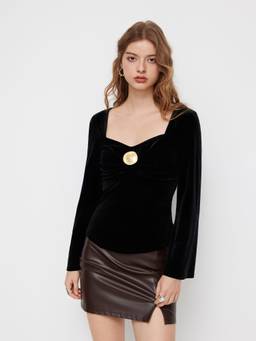 Cider - Velvet Sweetheart Metal Detail Ruched Top Black