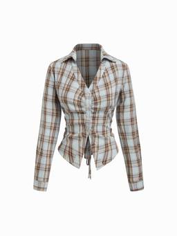 Cider - Plaid Women's Ruched Lace-Up Tie-Back Blouse Light Blue
