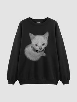 Cider - Cotton Blend Women's Cat Graphic Oversized Crew Neck Sweatshirt Black