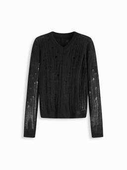 Cider - Ripped Sheer Women's V-Neck Long Sleeve Sweater Black
