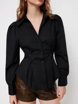 Cider - Pleated Women's Cinched Waist Puff Sleeve Shirt Black