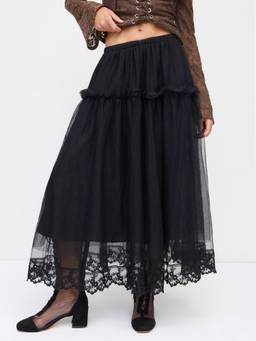 Cider - Mesh Lace Trim Women’s Ruched Mid-Rise Midi Skirt Black