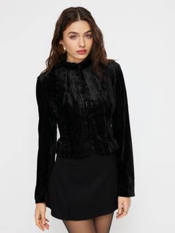 Cider - Velvet Women's Stand Collar Lettuce Trim Jacket Black