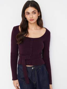 Cider - Knit Women's Square Neck Belted Button Top Burgundy