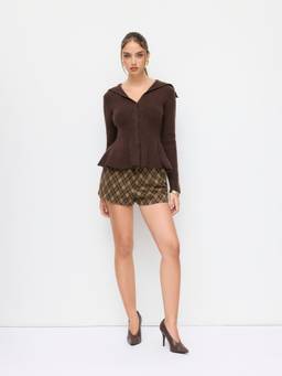 Cider - Knit Collar Women's Ruffle Hem Full Sleeve Top Brown